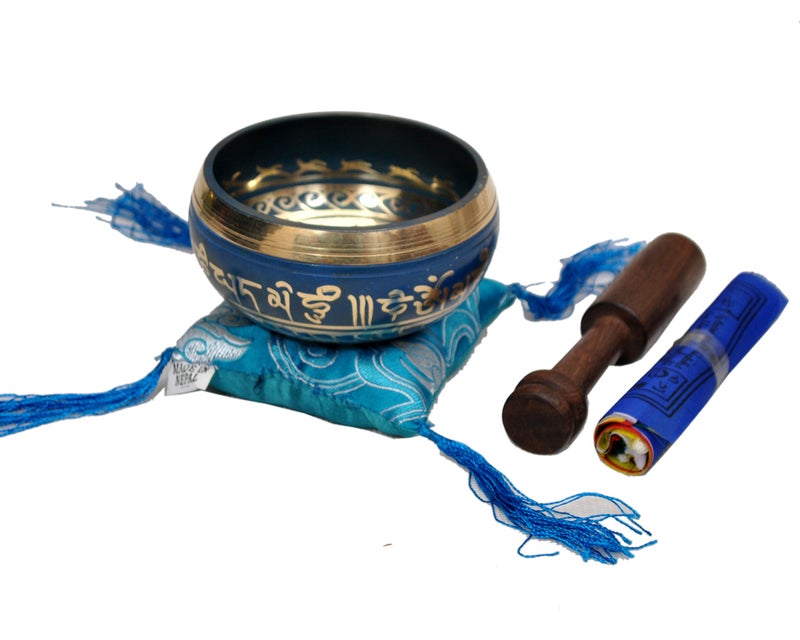 Dharma Store Tibetan Singing Bowl Set By Dharma Store - With Traditional Design Tibetan Buddhist Prayer Flag - Handmade in Nepal (Blue) - Image 1